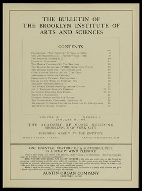 <em>"Table of contents."</em>, 1909. Printed material. Brooklyn Museum, METRO 2015 Brooklyn Institute Bulletin project. (Photo: Brooklyn Museum, PER_Bulletin_of_the_Brooklyn_Institute_of_Arts_and_Sciences_1909_v02_n01_p007.jpg