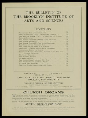 <em>"Table of contents."</em>, 1909. Printed material. Brooklyn Museum, METRO 2015 Brooklyn Institute Bulletin project. (Photo: Brooklyn Museum, PER_Bulletin_of_the_Brooklyn_Institute_of_Arts_and_Sciences_1909_v02_n05_p005.jpg
