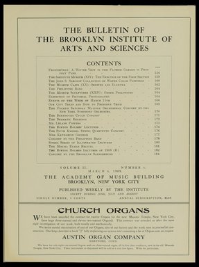 <em>"Table of contents."</em>, 1909. Printed material. Brooklyn Museum, METRO 2015 Brooklyn Institute Bulletin project. (Photo: Brooklyn Museum, PER_Bulletin_of_the_Brooklyn_Institute_of_Arts_and_Sciences_1909_v02_n06_p005.jpg