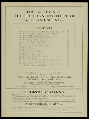 <em>"Table of contents."</em>, 1909. Printed material. Brooklyn Museum, METRO 2015 Brooklyn Institute Bulletin project. (Photo: Brooklyn Museum, PER_Bulletin_of_the_Brooklyn_Institute_of_Arts_and_Sciences_1909_v02_n07_p005.jpg