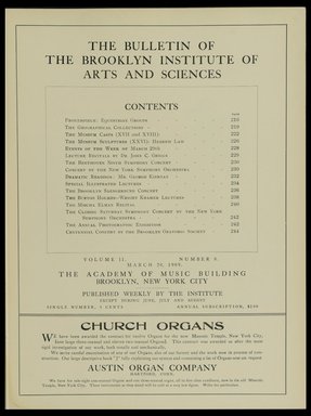 <em>"Table of contents."</em>, 1909. Printed material. Brooklyn Museum, METRO 2015 Brooklyn Institute Bulletin project. (Photo: Brooklyn Museum, PER_Bulletin_of_the_Brooklyn_Institute_of_Arts_and_Sciences_1909_v02_n08_p005.jpg