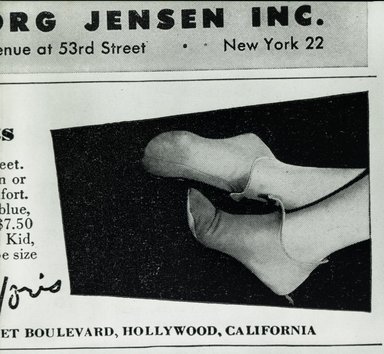 <em>"Ad for Pussy Foots. Model possibly Elizabeth Hawes."</em>, 1948. Bw negative 4x5in. Brooklyn Museum. (Photo: Brooklyn Museum, PER_Harpers_Bazaar_1948_09_01_p138_Elizabeth_Hawes_ad.jpg