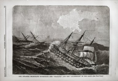 <em>"The Atlantic Telegraph expedition. The 'Niagara' and the 'Agamemnon' in the gale."</em>, 1858. Bw negative 4x5in. Brooklyn Museum. (Photo: Brooklyn Museum, PER_Harpers_Weekly_1858_08_14_v2_p521_The_Atlantic_Telegraph_Expedition.jpg