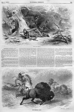 <em>"The war trail; The buffalo hunt"</em>. Printed material. Brooklyn Museum. (PER_Harpers_Weekly_1858_p281.jpg