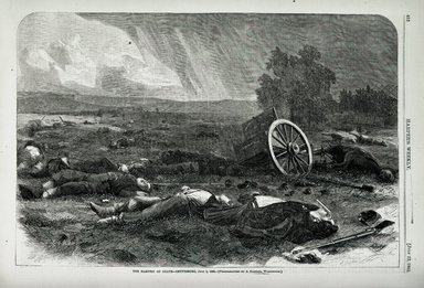 <em>"The harvest of death. Gettysburg, July 4, 1863. Photographed by A. Gardner, Washington."</em>, 1865. Bw negative 4x5in. Brooklyn Museum. (Photo: Brooklyn Museum, PER_Harpers_Weekly_1865_07_22_v9_no447_p452_Harvest_of_Death.jpg