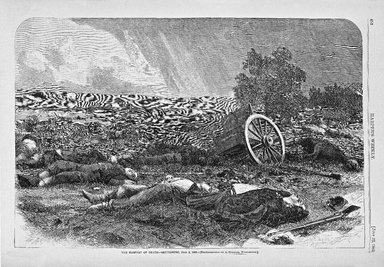 <em>"The Harvest of Death. Gettysburg, July 4, 1863. Photographed by A. Gardener, Washington."</em>, 1863. Bw negative 4x5in. Brooklyn Museum. (Photo: Brooklyn Museum, PER_Harpers_Weekly_1865_07_22_v9_no447_p452_Harvest_of_Death_SL3.jpg