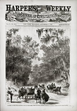 <em>"Pictures of the South. Magnolia Grove, on the shell road at Mobile, Alabama. Sketch by A. R. Waud."</em>, 1866. Bw negative 4x5in. Brooklyn Museum. (Photo: Brooklyn Museum, PER_Harpers_Weekly_1866_09_08_v10_no50_cover_Alfred_Waud_Pictures_of_the_South.jpg