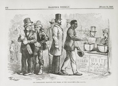 <em>"The Georgetown election. The Negro at the Ballot Box."</em>, 1867. Bw negative 4x5in. Brooklyn Museum. (Photo: Brooklyn Museum, PER_Harpers_Weekly_1867_03_16_v11_p172_The_Georgetown_Election.jpg