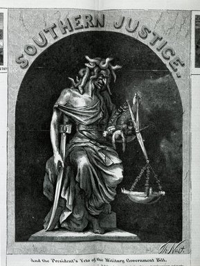 <em>"Southern justice. And the President's veto of the military government bill."</em>, 1867. Bw negative 4x5in. Brooklyn Museum. (Photo: Brooklyn Museum, PER_Harpers_Weekly_1867_03_23_v11_p184_p185_Southern_Justice.jpg