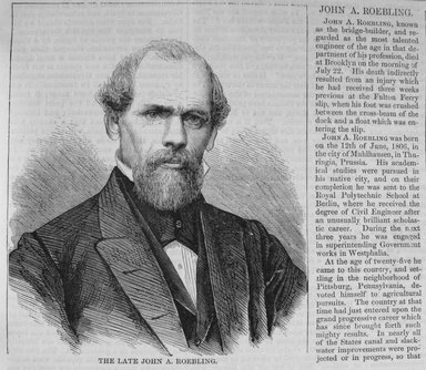 <em>"The late John A. Roebling"</em>. Printed material. Brooklyn Museum. (PER_Harpers_Weekly_1869_p497.jpg