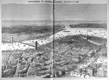 <em>"Birds-eye view of the southern end of New York and Brooklyn, showing the projected suspension-bridge over the East River, from the western terminus in Printing-House Square, New York."</em>. Printed material. Brooklyn Museum. (PER_Harpers_Weekly_1870_p752.jpg