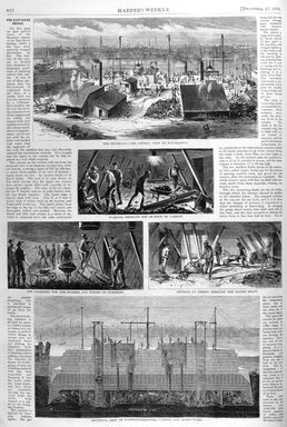 <em>"The Brooklyn pier - general view of foundation; Working beneath SDE or edge of caisson; Air chambers for the ingress and egress of workmen; Sending up debris through the water shaft; Sectional view of foundation showing caisson and mason-work."</em>. Printed material. Brooklyn Museum. (PER_Harpers_Weekly_1870_p812a-e.jpg