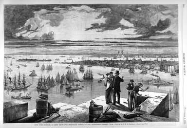 <em>"New York Harbor, as seen from the Brooklyn tower of the suspension bridge"</em>. Printed material. Brooklyn Museum. (PER_Harpers_Weekly_1873_p968.jpg