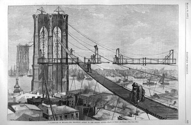 <em>"A promenade in mid-air - the Brooklyn ascent to the bridge tower"</em>. Printed material. Brooklyn Museum. (PER_Harpers_Weekly_1877_p245.jpg