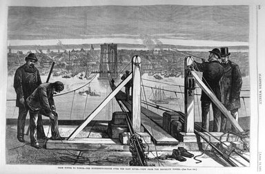 <em>"From tower to tower - the suspension-bridge over the East River - view from the Brooklyn tower"</em>. Printed material. Brooklyn Museum. (PER_Harpers_Weekly_1877_p288.jpg