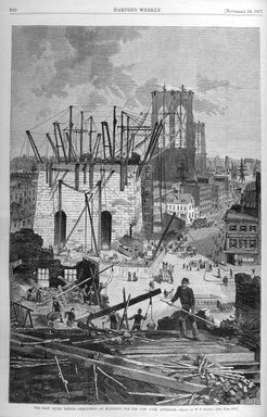 <em>"The East River Bridge - demolition of buildings for the New York approach"</em>. Printed material. Brooklyn Museum. (PER_Harpers_Weekly_1877_p920.jpg