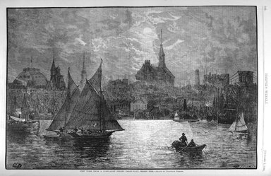 <em>"New York from a Cortland Street ferry-boat, Jersey side"</em>. Printed material. Brooklyn Museum. (PER_Harpers_Weekly_1880_p632.jpg