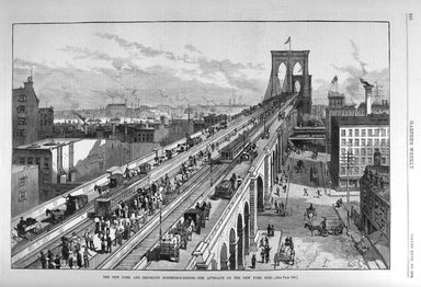 <em>"The New York and Brooklyn suspension-bridge, the approach on the New York Side"</em>. Printed material. Brooklyn Museum. (PER_Harpers_Weekly_1883_p328.jpg