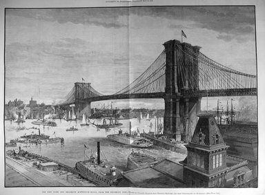 <em>"The New York and Brooklyn suspension-bridge, from the Brooklyn Side"</em>. Printed material. Brooklyn Museum. (PER_Harpers_Weekly_1883_p336.jpg