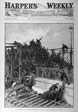 <em>"June 9, 1883 cover; The tragedy on the Brooklyn Bridge, May 30"</em>. Printed material. Brooklyn Museum. (PER_Harpers_Weekly_1883_p353.jpg