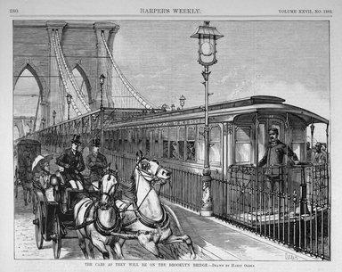 <em>"The cars as they will be on the Brooklyn Bridge"</em>. Printed material. Brooklyn Museum. (PER_Harpers_Weekly_1883_p380a.jpg