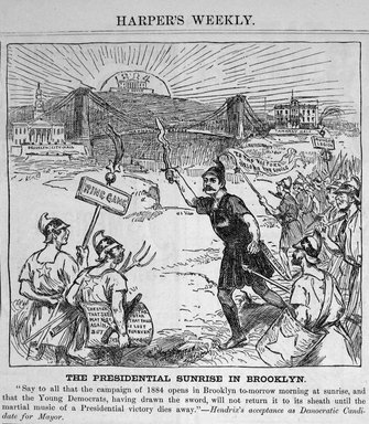 <em>"The presidential sunrise in Brooklyn"</em>. Printed material. Brooklyn Museum. (PER_Harpers_Weekly_1883_p703detail.jpg