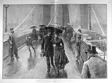 <em>"A wet day on the East River Bridge"</em>. Printed material. Brooklyn Museum. (PER_Harpers_Weekly_1887_p804-805.jpg