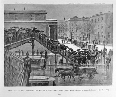 <em>"Entrance to the Brooklyn Bridge from City Hall Park, New York"</em>. Printed material. Brooklyn Museum. (PER_Harpers_Weekly_1894_v1_p233b.jpg