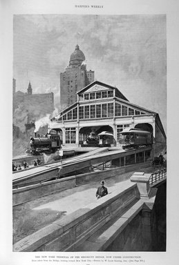 <em>"The New York terminal of the Brooklyn Bridge, now under construction"</em>. Printed material. Brooklyn Museum. (PER_Harpers_Weekly_1895_v2_p971.jpg