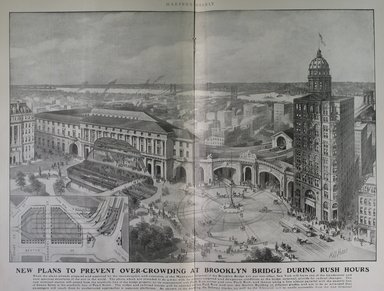 <em>"New plans to prevent over-crowding at Brooklyn Bridge during rush hours"</em>. Printed material. Brooklyn Museum. (PER_Harpers_Weekly_1905_v2_p1377-1378.jpg