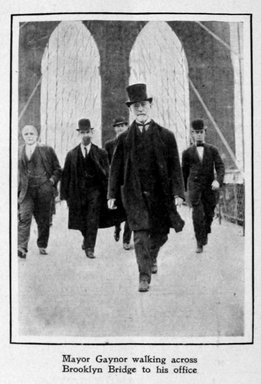 <em>"Mayor Gaynor walking across the Brooklyn Bridge to his office"</em>. Printed material. Brooklyn Museum. (PER_Harpers_Weekly_1911_v1_02_25_p009.jpg