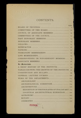 <em>"Table of contents."</em>, 1896-1897. Printed material. Brooklyn Museum, METRO 2015 Brooklyn Institute Bulletin project. (Photo: Brooklyn Museum, PER_Yearbook_of_the_Brooklyn_Institute_of_Arts_and_Sciences_1896-1897_v09_p024.jpg