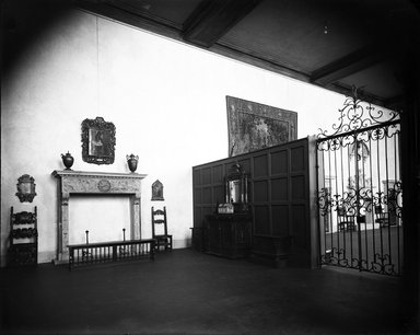 <em>"Brooklyn Museum building: interior. View: Painting and Sculpture: Italian Renaissance Hall [01], 1926. Italian Room with mantlepiece and gate. Floor: 3."</em>, 1926. Glass negative 8x10in, 8 x 10 in. Brooklyn Museum, CHART_2013. (Photo: Brooklyn Museum, PHO_INT_VIEW_PSC_Italian_Renaissance_Hall_01_001_glass_bw.jpg