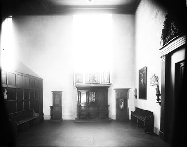 <em>"Brooklyn Museum building: interior. View: Painting and Sculpture: Italian Renaissance Hall [02], 1928. Italian room with stained glass. Floor: 3."</em>, 1928. Glass negative 8x10in, 8 x 10 in. Brooklyn Museum, CHART_2013. (Photo: Brooklyn Museum, PHO_INT_VIEW_PSC_Italian_Renaissance_Hall_02_002_glass_bw.jpg