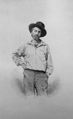 <em>"Portrait of Walt Whitman standing, wearing a hat and open shirt (print)"</em>, 1900. b/w negative, 4x5in. Brooklyn Museum. (PS3201_1900_Whitman_opposite_p31_bw.jpg