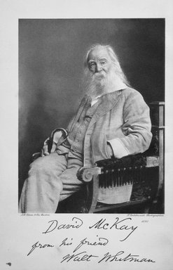<em>"A.W. Elson & Co., Boston.  F. Gutekunst, Photographer. 1890. [To] David McKay from his friend Walt Whitman."</em>, 1890. b/w negative, 4x5in. Brooklyn Museum. (PS3201_1900_Whitman_opposite_tp_bw.jpg