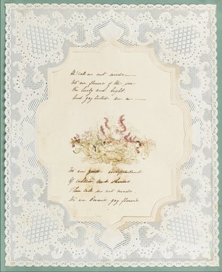 <em>"Algae or seaweed specimen, pasted on colored construction paper, framed by paper lace doilies. The algae have been arranged into designs and scenes."</em>, 1848. Printed material. Brooklyn Museum. (Photo: Brooklyn Museum, QK567_Se1_Sea_Weeds_p003_PS4.jpg