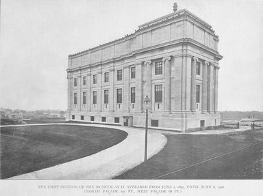 <em>"Brooklyn Museum: exterior. View of the West Wing from the northwest, showing north and west facades and surrounding  fields, ca.1897-1901."</em>, 1897. Bw copy negative 5x7in, 5 x 7in (12.7 x 17.8 cm). Brooklyn Museum, Museum building. (Photo: Brooklyn Museum, S06_BEEi007.jpg