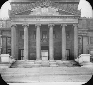 <em>"Brooklyn Museum: exterior. View of the Central section from the base of the Grand Staircase, showing portico and unadorned pediment, ca. 1907-1908."</em>, 1907. Bw copy negative 5x7in, 5 x 7in (12.7 x 17.8 cm). Brooklyn Museum, Museum building. (Photo: Brooklyn Museum, S06_BEEi012.jpg