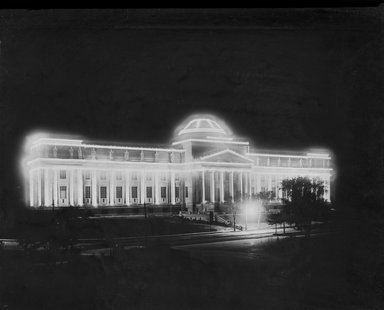 <em>"Brooklyn Museum: exterior. View of the Eastern Parkway façade from Eastern Parkway, showing the museum lit up for Hudson Fulton Centennial, 1909."</em>, 1909. Bw copy negative 5x7in, 5 x 7in (12.7 x 17.8 cm). Brooklyn Museum, Museum building. (Photo: Brooklyn Museum, S06_BEEi014.jpg