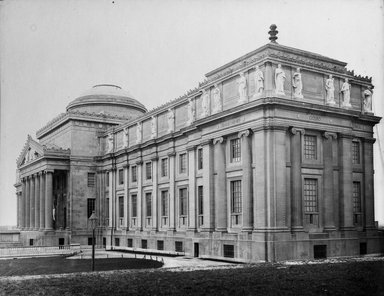 <em>"Brooklyn Museum: exterior. View of the West Wing and Central section from the northwest, showing sculptures (allegorical figures) along the Eastern Parkway and west facades, ca.1909-1914."</em>, 1909. Bw copy negative 5x7in, 5 x 7in (12.7 x 17.8 cm). Brooklyn Museum, Museum building. (Photo: Brooklyn Museum, S06_BEEi016.jpg