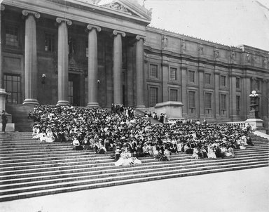 <em>"Brooklyn Museum: exterior. View of the Grand Staircase and West Wing from base of the staircase, showing teachers from District 33 and 34 sitting on the Grand Staircase during sessions of the Teachers' Institute, 09/11/1916."</em>, 1916. Bw negative 4x5in. Brooklyn Museum, Museum building. (Photo: Brooklyn Museum, S06_BEEi018.jpg