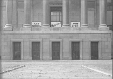 <em>"Brooklyn Museum: exterior. View of  the Central section entrance from the entrance driveway, showing Art School registration sign above the doors, 09/25/1957."</em>, 1957. Bw negative 5x7in. Brooklyn Museum, Museum building. (Photo: Brooklyn Museum, S06_BEEi039.jpg