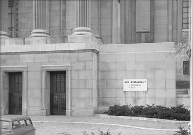 <em>"Brooklyn Museum: exterior. View of  the Central section entrance from the entrance driveway, showing new restaurant sign, 11/1957."</em>, 1957. Bw negative 5x7in. Brooklyn Museum, Museum building. (Photo: Brooklyn Museum, S06_BEEi040.jpg
