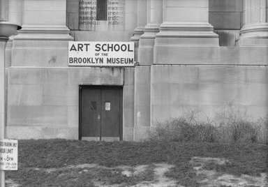 <em>"Brooklyn Museum: exterior. Close-up view of  the West Wing Art School entrance from the entrance driveway, showing Art School sign above the door, 1960."</em>, 1960. Bw negative 5x7in. Brooklyn Museum, Museum building. (Photo: Brooklyn Museum, S06_BEEi041.jpg
