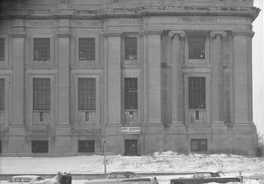 <em>"Brooklyn Museum: exterior. View of  the West Wing and Art School entrance from the entrance driveway, showing Art School sign above the door, 1960."</em>, 1960. Bw negative 5x7in. Brooklyn Museum, Museum building. (Photo: Brooklyn Museum, S06_BEEi045.jpg