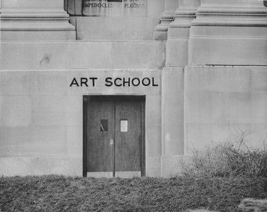 <em>"Brooklyn Museum: exterior. Close-up view of  the West Wing Art School entrance from the entrance driveway, showing proposed lettering for new Art School sign, 01/1961."</em>, 1961. Bw copy negative 5x7in, 5 x 7in (12.7 x 17.8 cm). Brooklyn Museum, Museum building. (Photo: Brooklyn Museum, S06_BEEi047.jpg