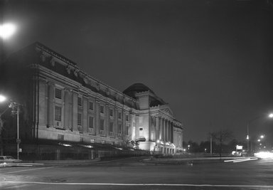 <em>"Brooklyn Museum: exterior. View of Eastern Parkway façade at night from the east, showing Washington Avenue in the foreground, 1965."</em>, 1965. Bw negative 5x7in. Brooklyn Museum, Museum building. (Photo: Brooklyn Museum, S06_BEEi068.jpg