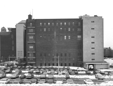 <em>"Brooklyn Museum: exterior. View of the back of the Museum from the south, showing rear façade of the East Wing before addition of service extension, 1965."</em>, 1965. Bw negative 3.25x4.5in, 3.25 x 4.5in (8.2 x 11.2 cm). Brooklyn Museum, Museum building. (Photo: Brooklyn Museum, S06_BEEi070.jpg