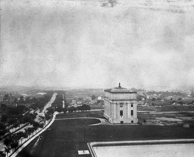 <em>"Brooklyn Museum: exterior. View of the West Wing from Mount Prospect Reservoir, showing complete West Wing and surrounding open fields, 1898."</em>, 1898. Bw copy negative 5x7in, 5 x 7in (12.7 x 17.8 cm). Brooklyn Museum, Museum building. (Photo: Brooklyn Museum, S06_BEEi079.jpg